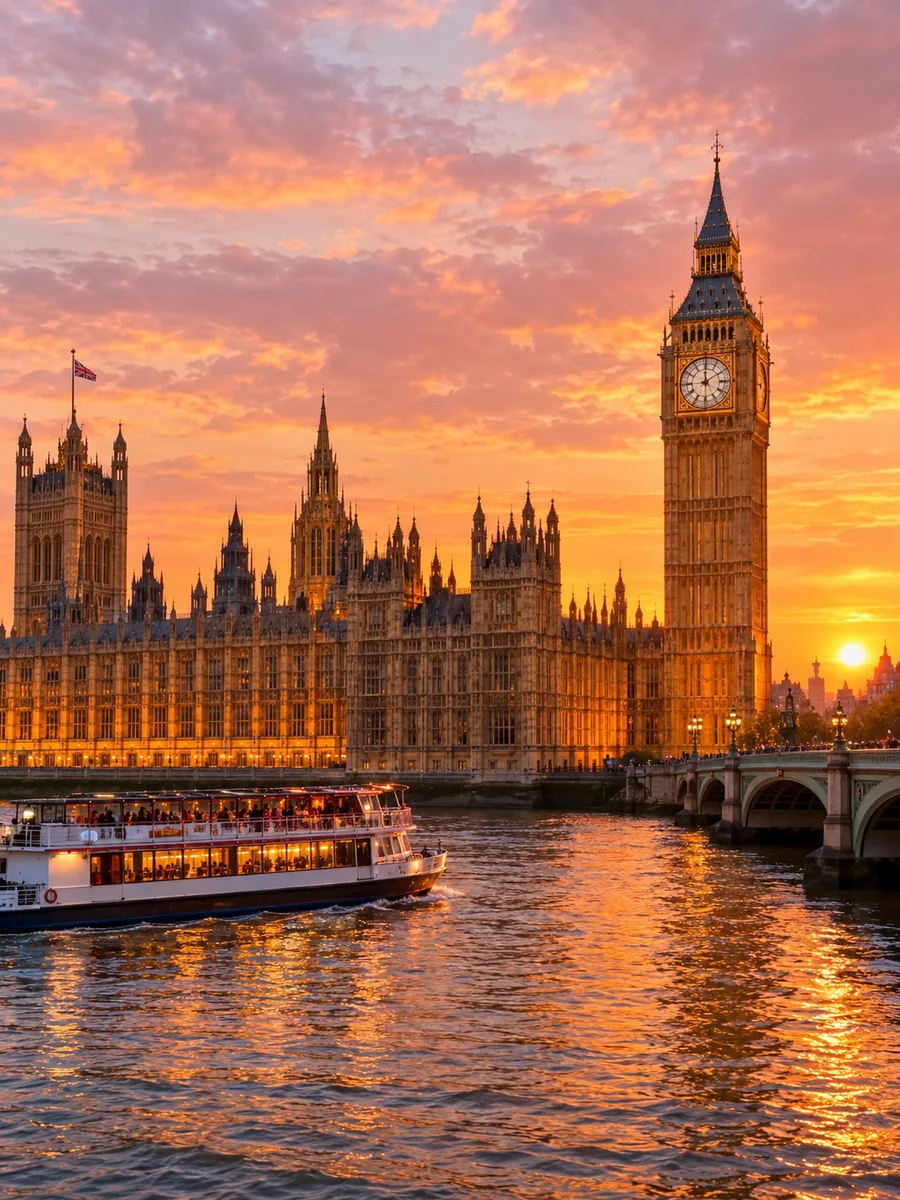 Le Parlement de Westminster et Elizabeth Tower dans la lumière dorée du soir, vus depuis la Tamise