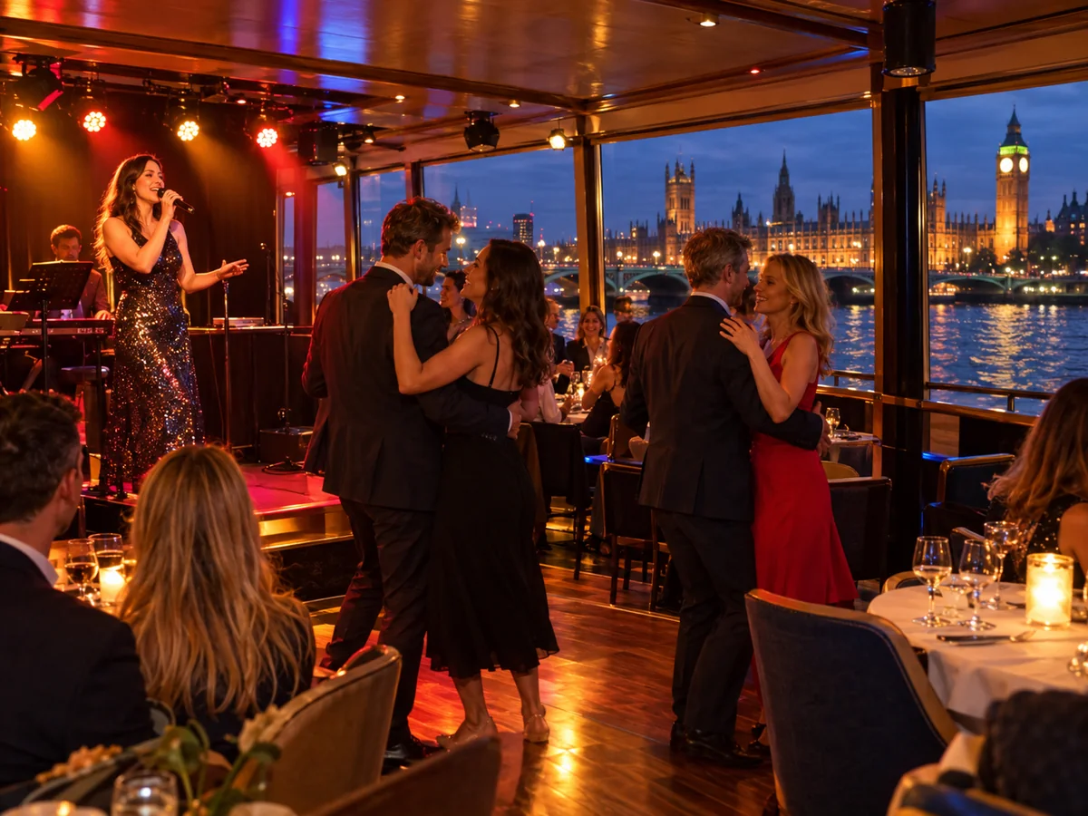 Une chanteuse en scène pendant que des couples dansent entre les tables lors d'une croisière du soir