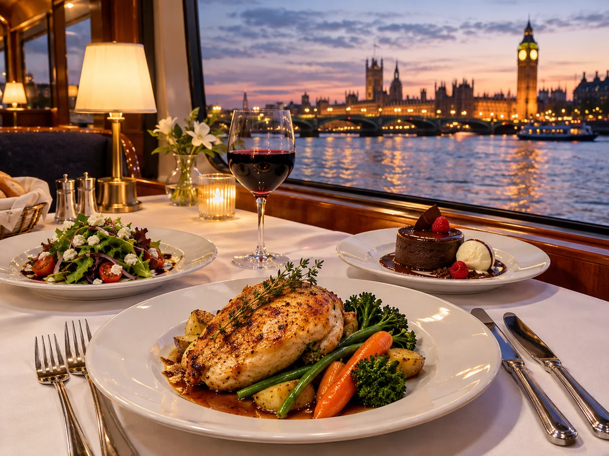 Un dîner trois plats servi sur une nappe blanche près d'une fenêtre donnant sur le fleuve